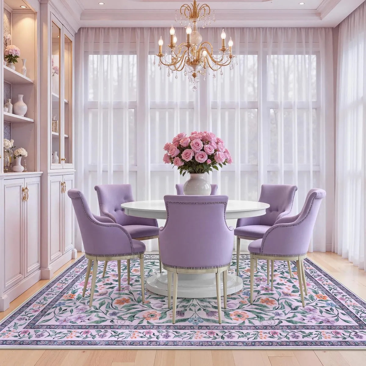 Mavis Washable Modern Parisian Garden Floral Purple Rug Area Rugs Lahome