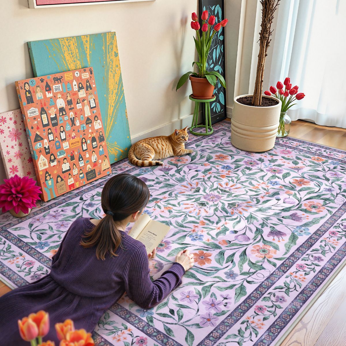 Mavis Washable Modern Parisian Garden Floral Purple Rug Area Rugs Lahome