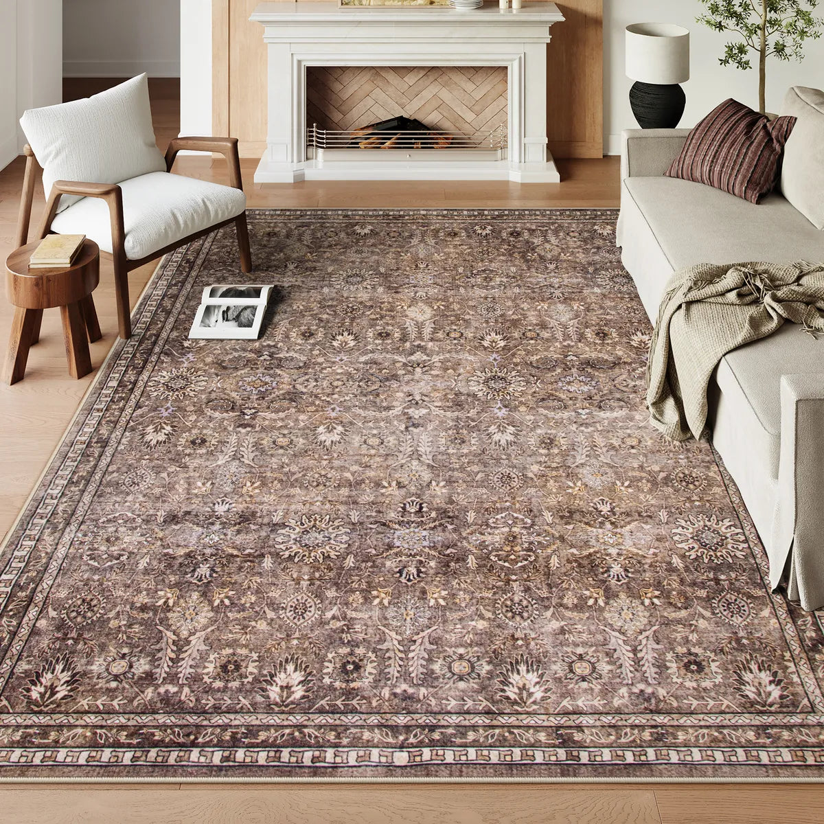 Mirae Washable Vintage Persian Mocha Brown Rug Area Rugs Lahome