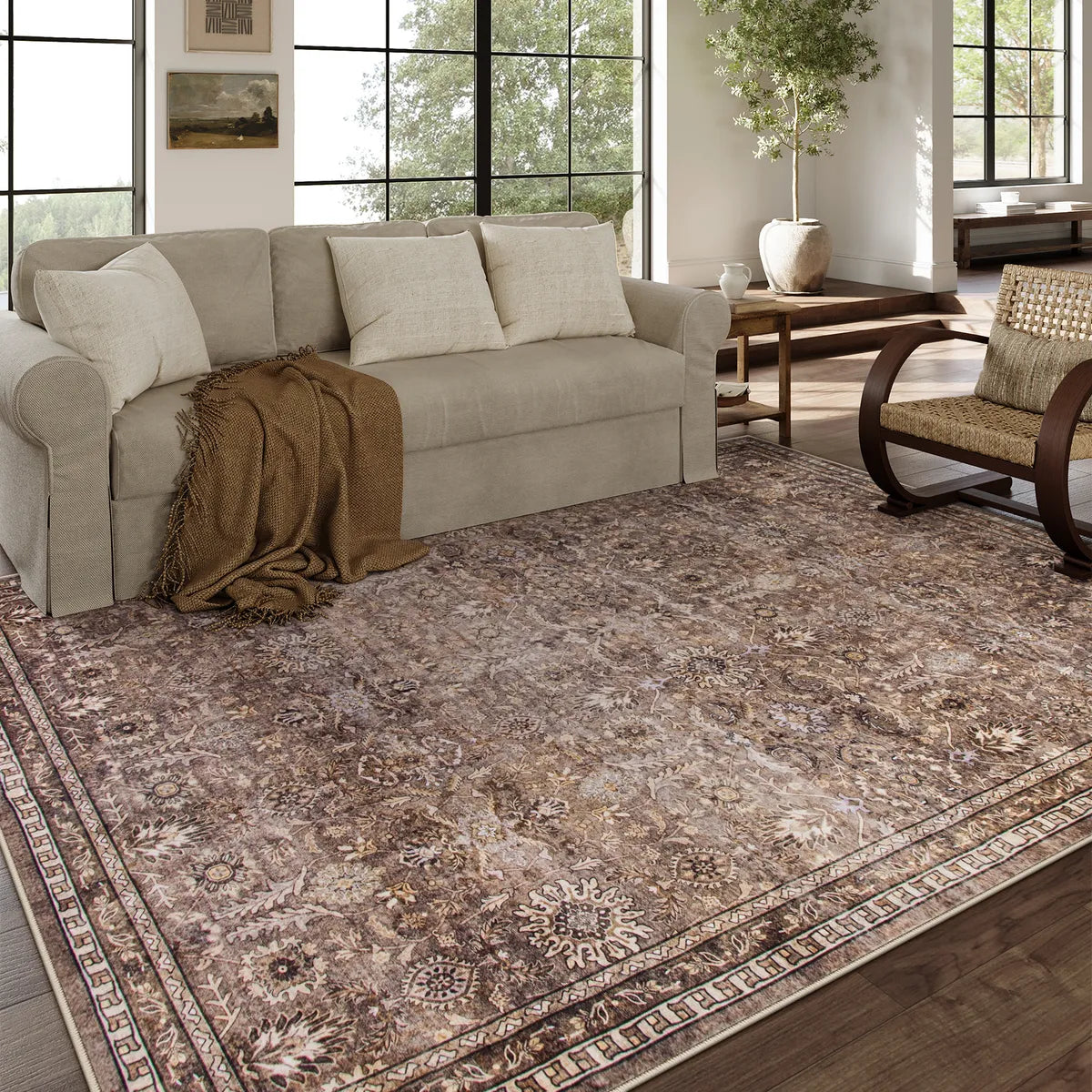 Mirae Washable Vintage Persian Mocha Brown Rug Area Rugs Lahome 8' x 10'