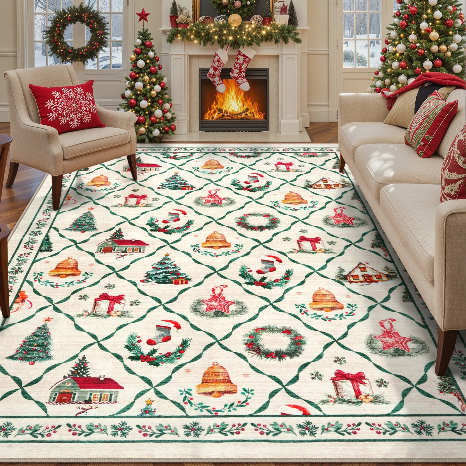 Xmas Naya Christmas Washable Wreath Tree Plaid Ivory Rug Area Rugs Lahome 5' x 7'