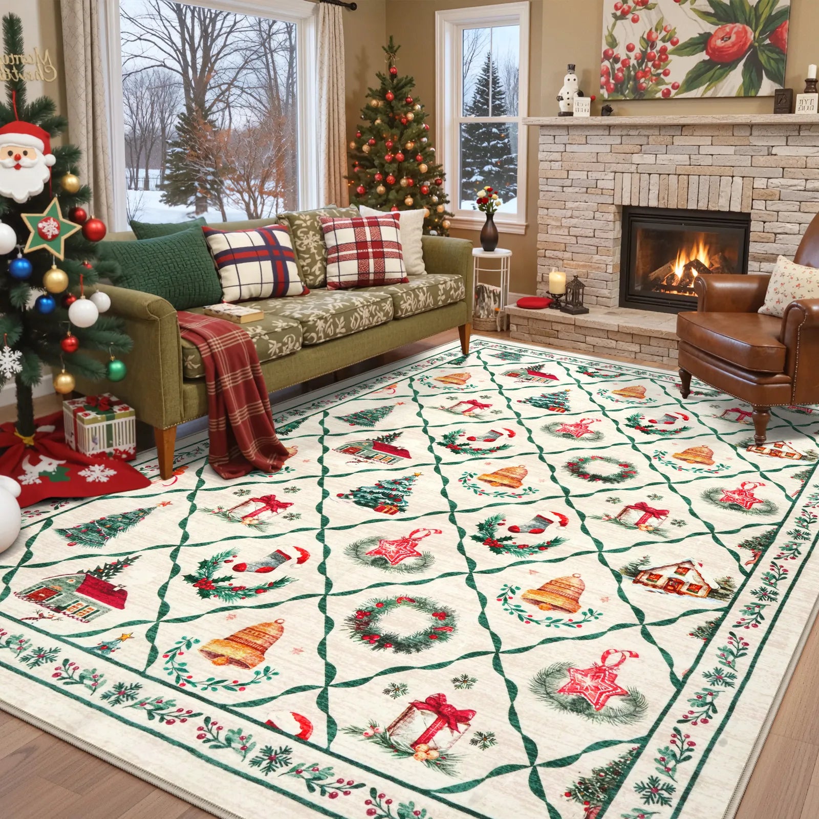 Xmas Naya Christmas Washable Wreath Tree Plaid Ivory Rug Area Rugs Lahome 8' x 10'