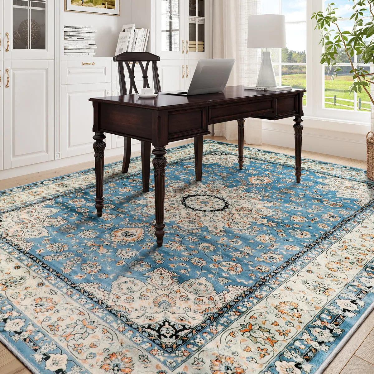 Alodie Washable Distressed Oriental Floral Medallion Blue Area Rug Clearance Rugs Lahome