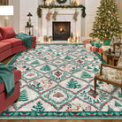 Glace Christmas Washable Tree and Reindeer Green/Beige Rug Area Rugs Lahome