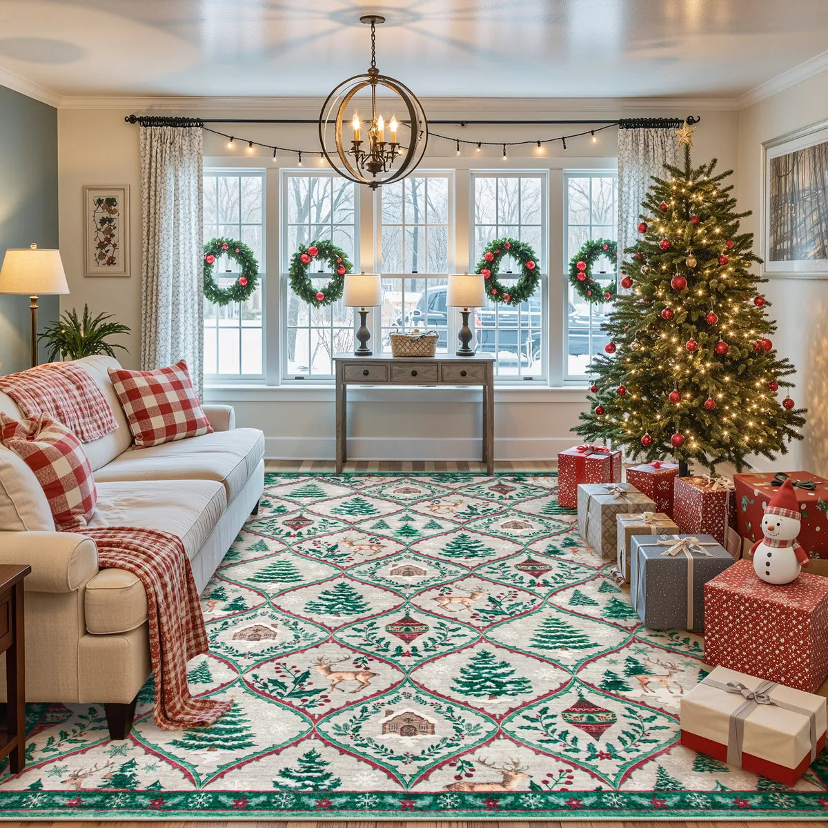 Glace Christmas Washable Tree and Reindeer Green/Beige Rug Area Rugs Lahome 8' x 10'