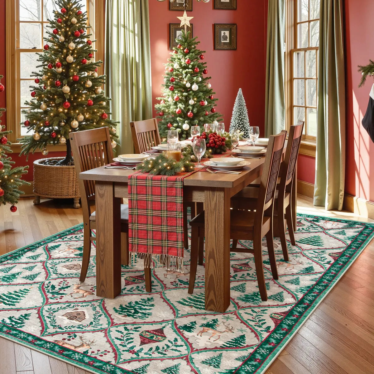 Glace Christmas Washable Tree and Reindeer Green/Beige Rug Area Rugs Lahome