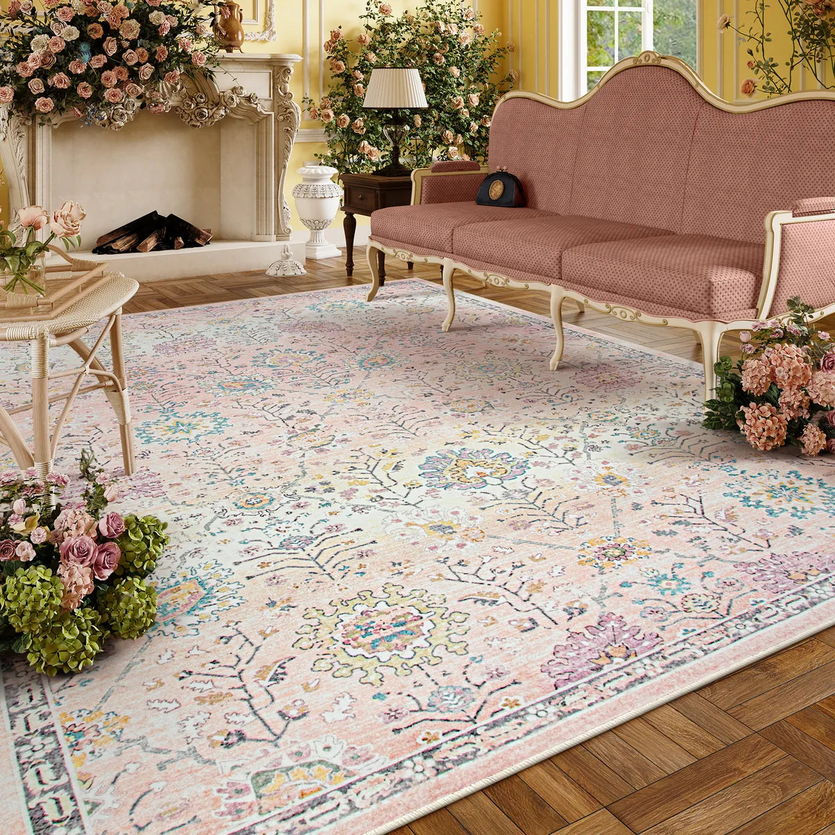 Flavie Washable Boho Parisian Floral Aesthetic Pink Rug Area Rugs Lahome 8' x 10'