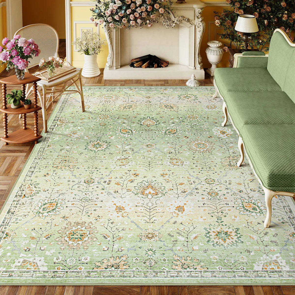 Flavie Washable Boho Modern Parisian Floral Aesthetic Green Rug Area Rugs Lahome 8' x 10'
