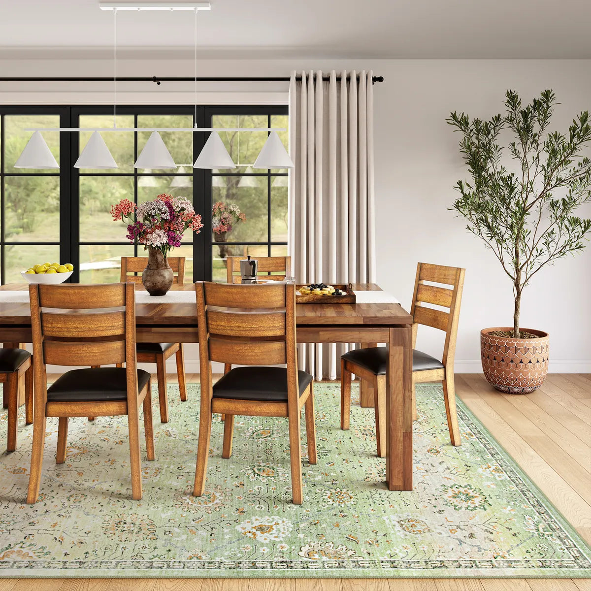 Flavie Washable Boho Modern Parisian Floral Aesthetic Green Rug Area Rugs Lahome