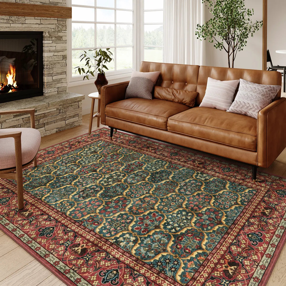 Clearance Elodie Washable Boho Vintage Trellis Floral Red Rug Clearance Rugs Lahome
