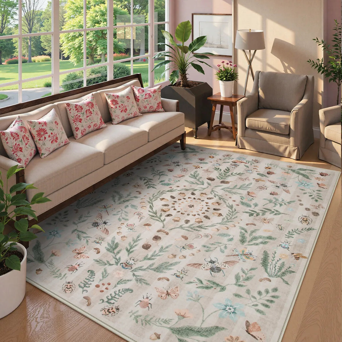 Clearance Chloe Washable Boho Insect Botanical Floral Beige Runner Rug Clearance Rugs Lahome 6' x 9'