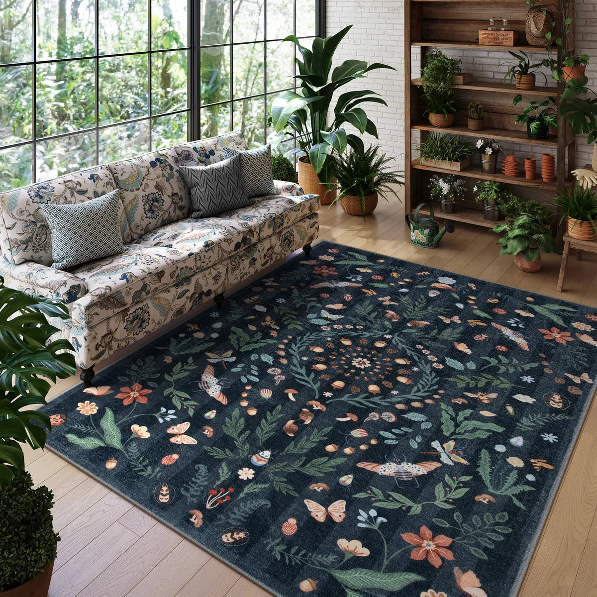 Chloe Washable Boho Insect Botanical Floral Black Runner Rug Area Rugs Lahome 8' x 10'