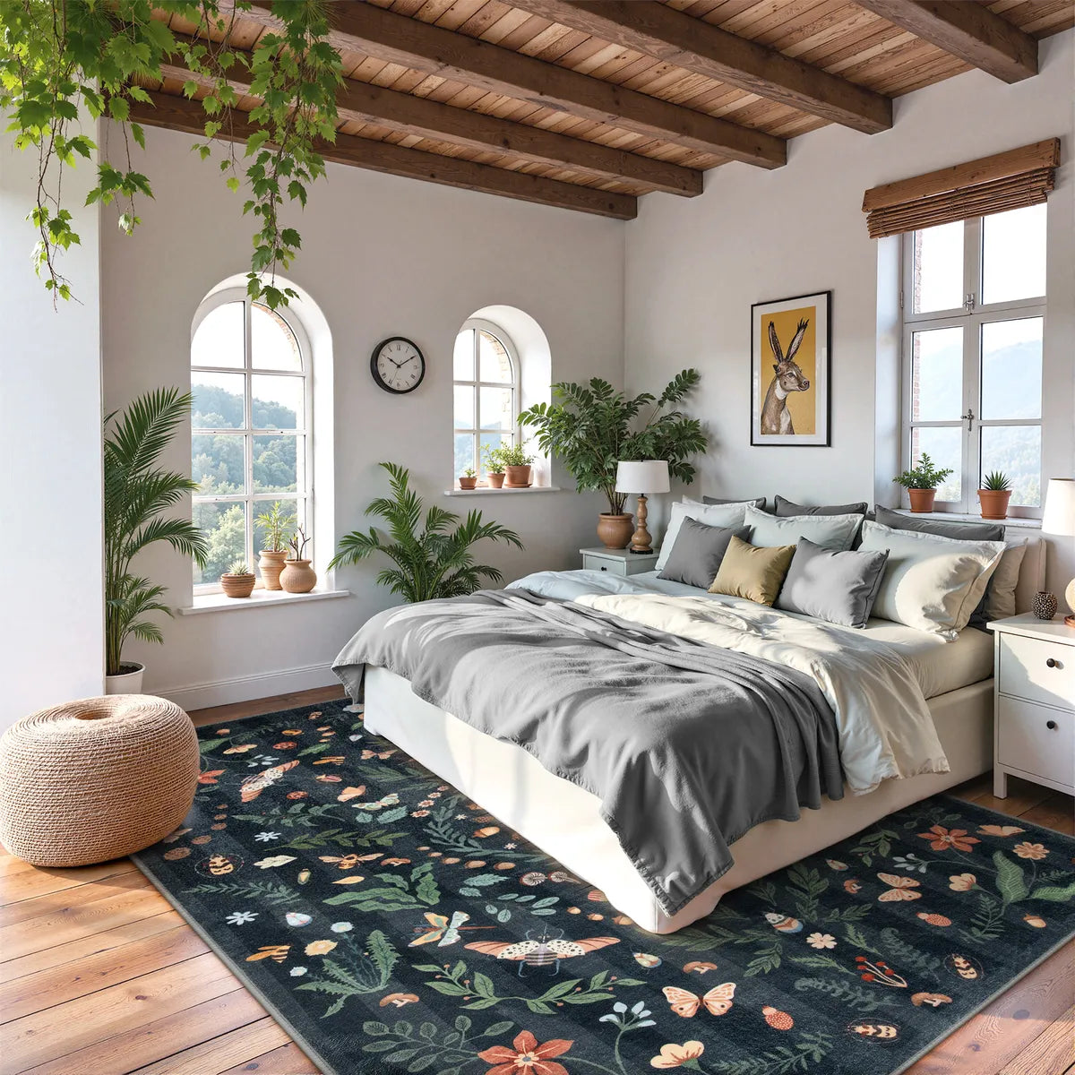 Chloe Washable Boho Insect Botanical Floral Black Rug Area Rugs Lahome