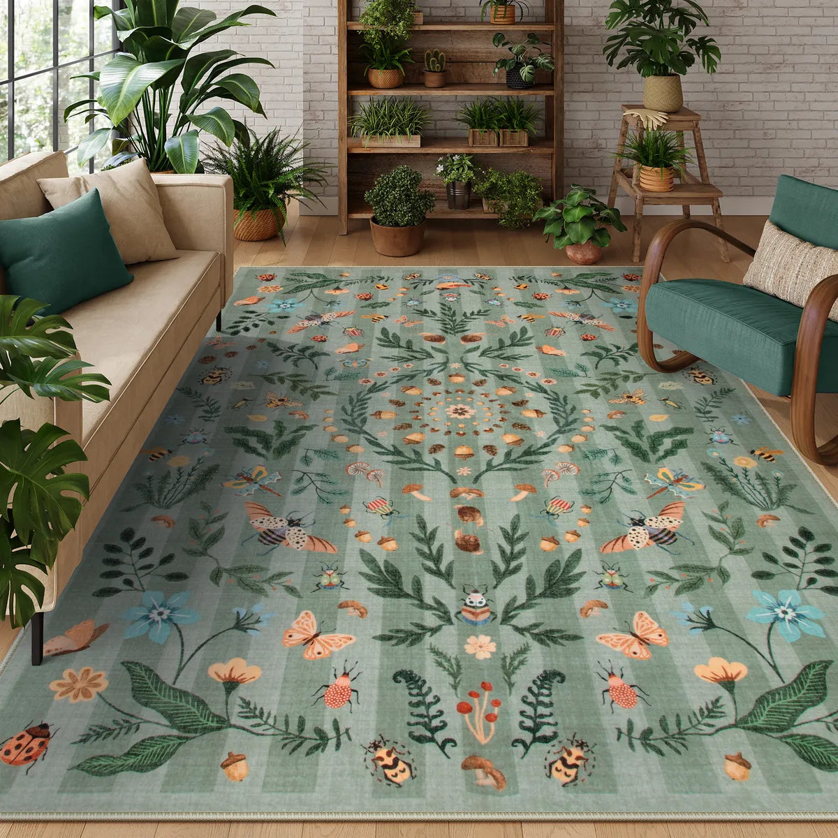 Chloe Washable Boho Insect Botanical Floral Green Runner Rug Area Rugs Lahome