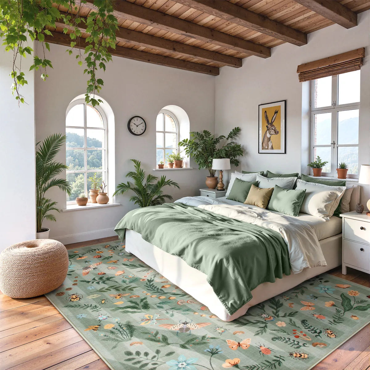 Chloe Washable Boho Insect Botanical Floral Green Runner Rug Area Rugs Lahome