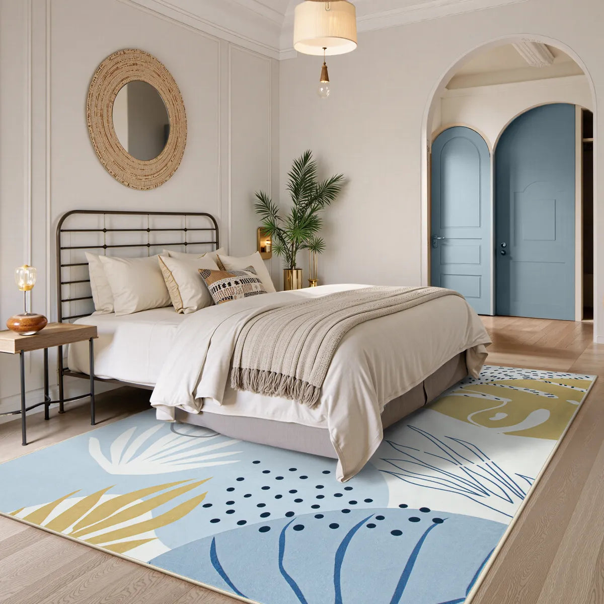 Kiki Washable Modern Botanical Leaf Print Blue Area Rug Area Rugs Lahome