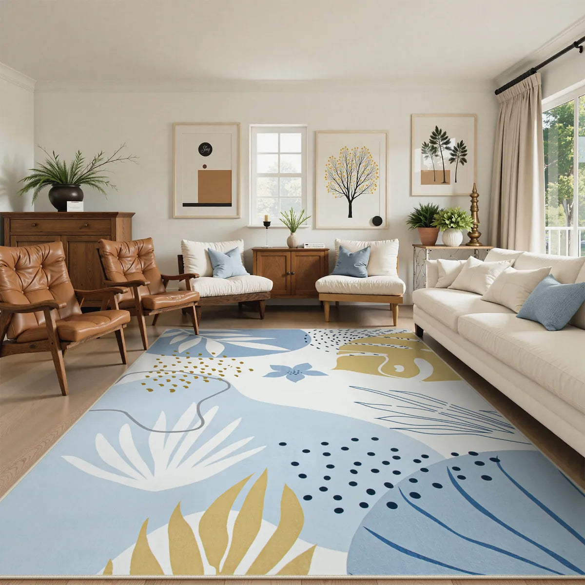 Kiki Washable Modern Botanical Leaf Print Blue Area Rug Area Rugs Lahome
