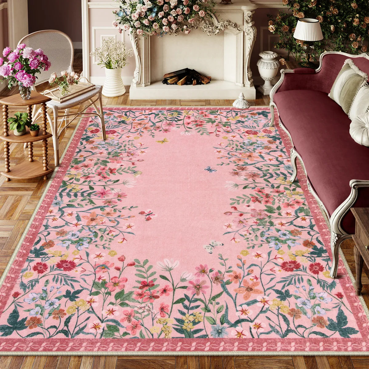 Clearance Solene Washable Modern Blooming Floral Garden Pink Rug Clearance Rugs Lahome