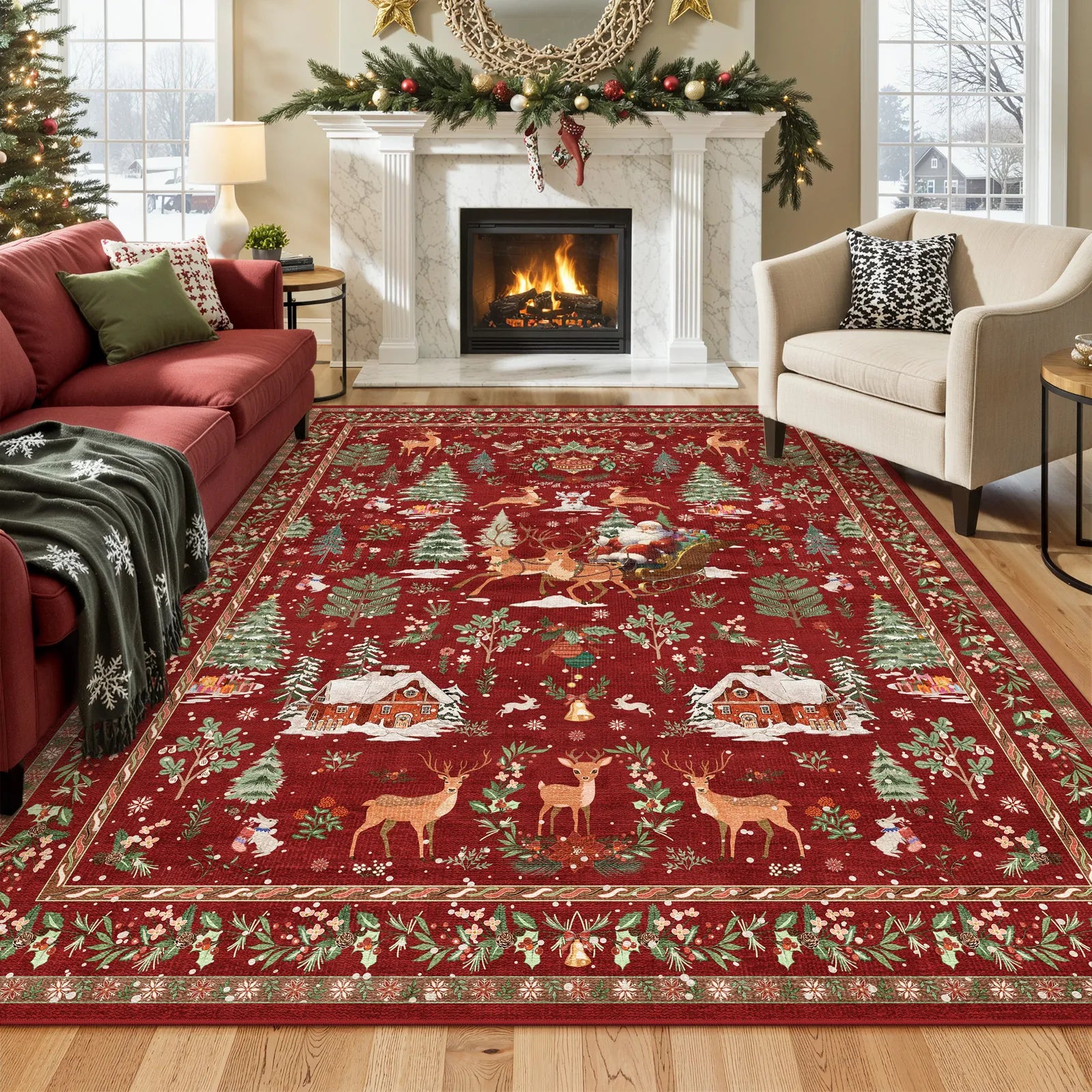 Olivier Christmas Washable Tree and Santa Red Rug Area Rugs Lahome 8' x 10'