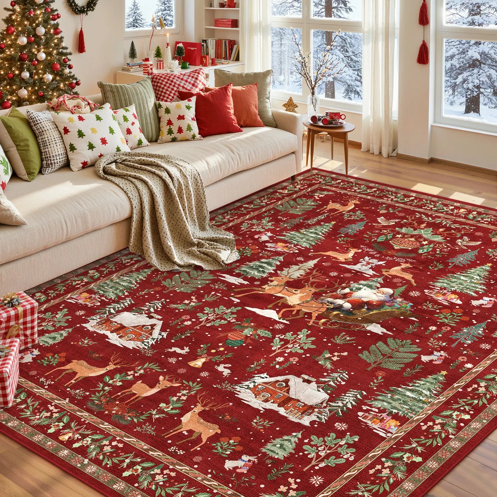 Olivier Christmas Washable Tree and Santa Red Rug Area Rugs Lahome 5' x 7'