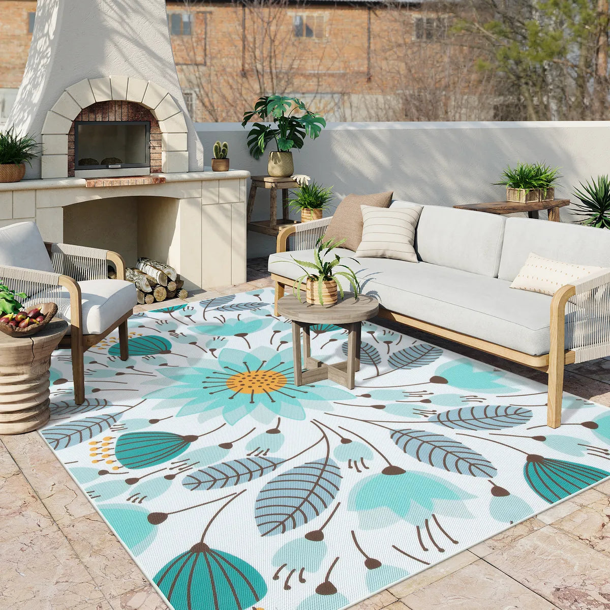 Soleil Washable Floral Blue Indoor Outdoor Rug Outdoor Rugs Lahome 8' x 10'