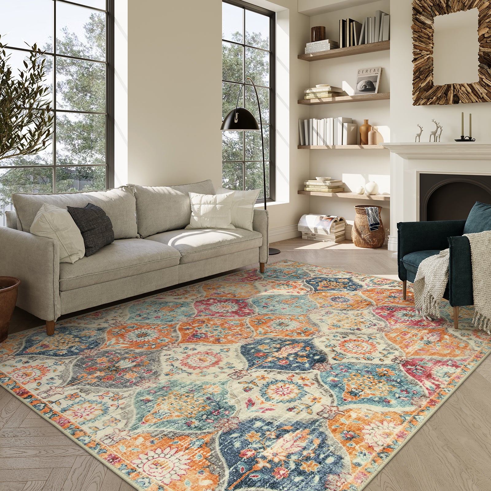 Elise Washable Ultra-thin Vintage Floral Moroccan Trellis Red & Orange Rug Area Rugs Lahome 8' x 10'