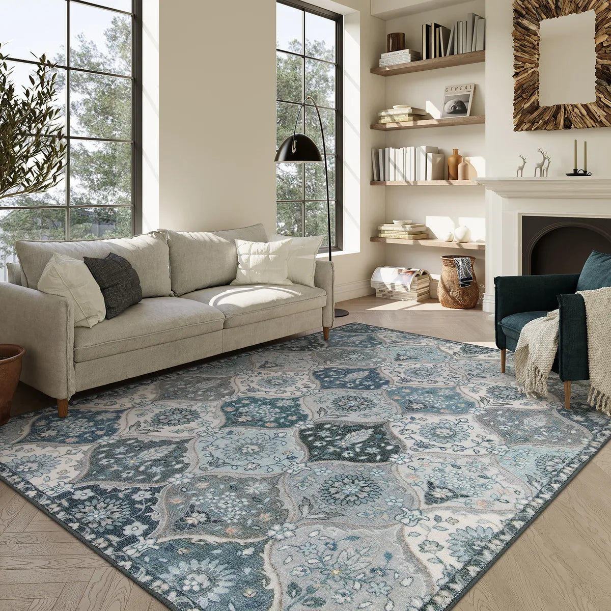 Elise Washable Ultra-thin Vintage Floral Moroccan Trellis Blue Rug Area Rugs Lahome 8' x 10'