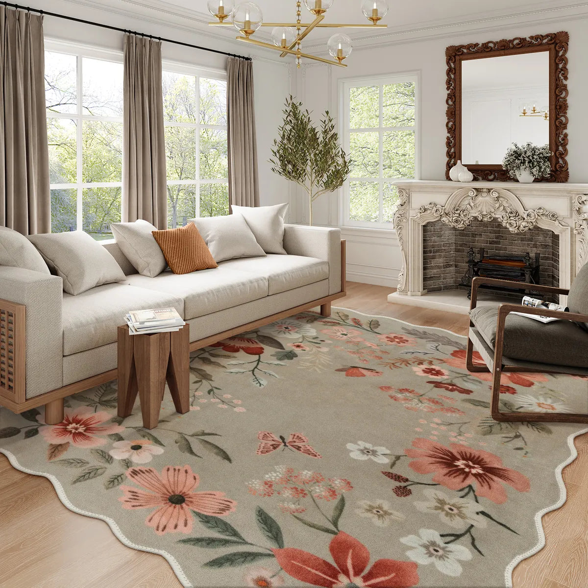 Flore Washable Boho Modern Parisian Floral Scalloped Brown Rug Area Rugs Lahome 8' x 10'