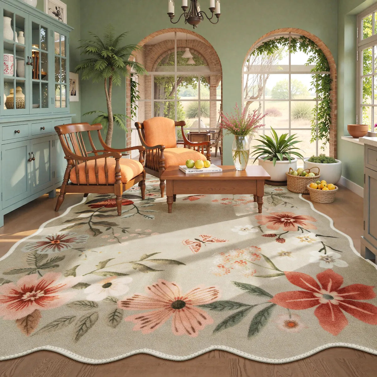 Flore Washable Boho Modern Parisian Floral Scalloped Brown Rug Area Rugs Lahome