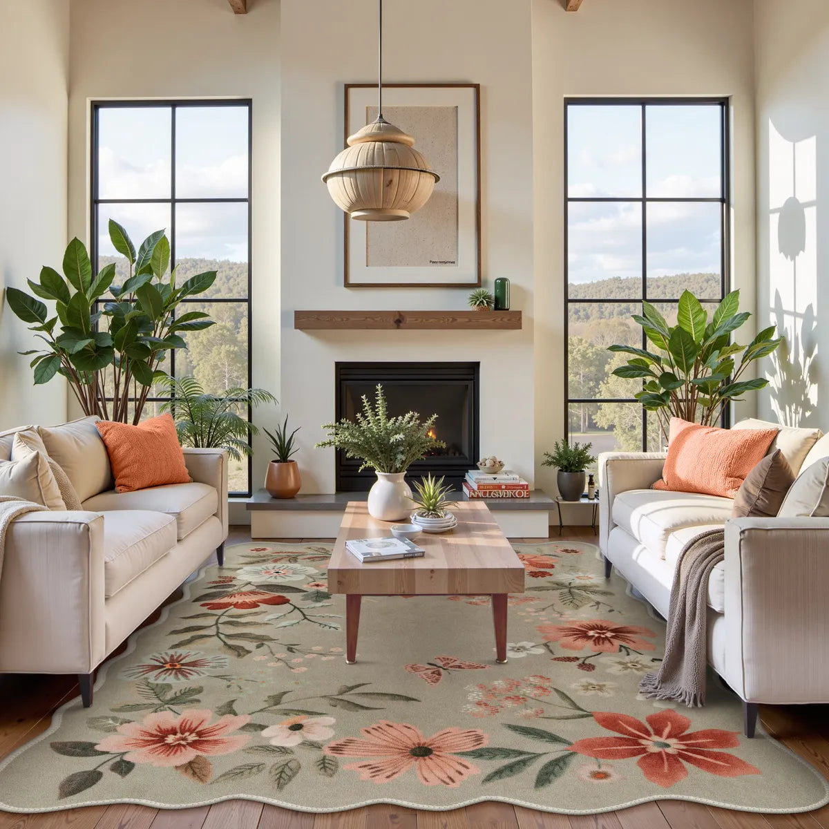 Flore Washable Boho Modern Parisian Floral Scalloped Brown Rug Area Rugs Lahome