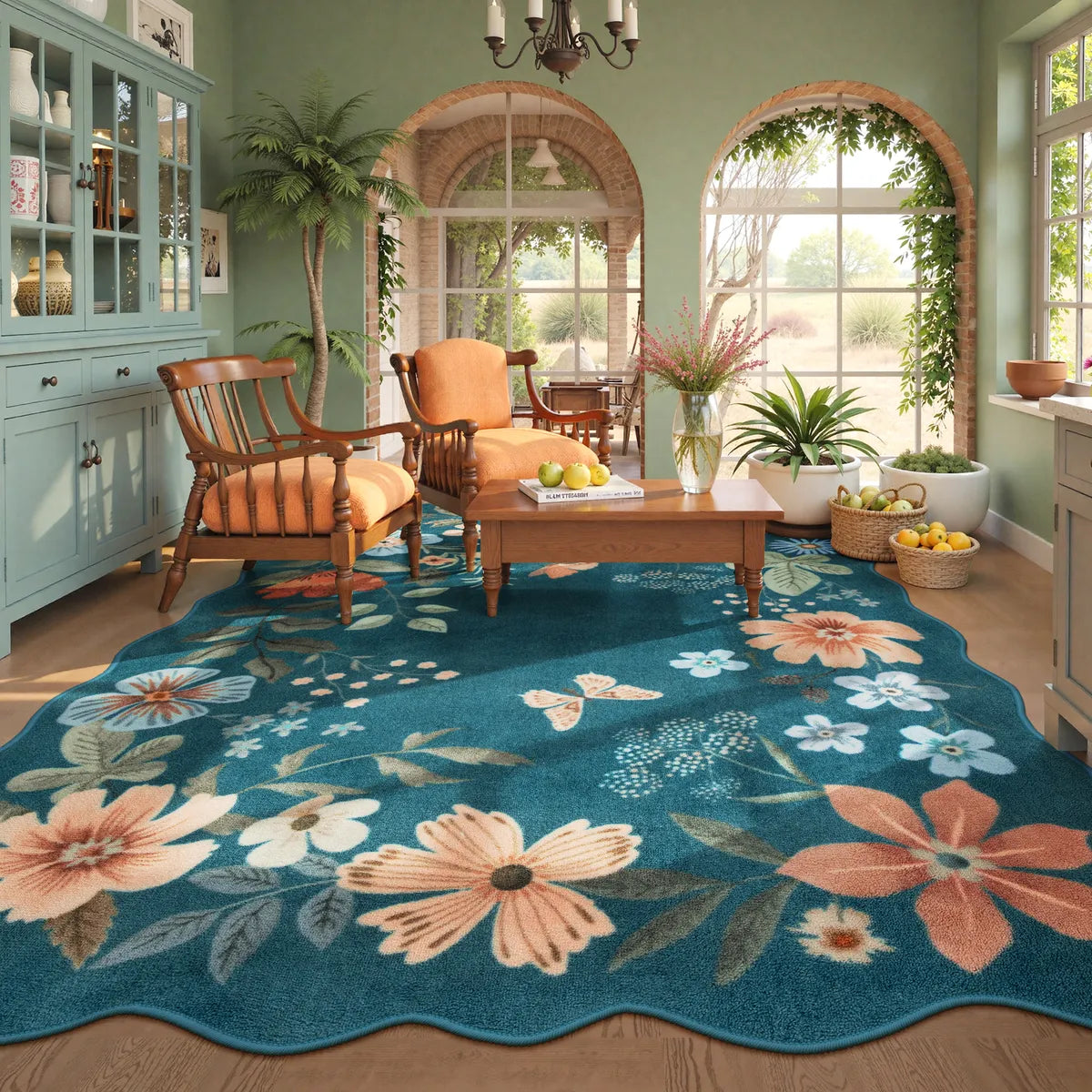 Flore Washable Boho Modern Parisian Floral Scalloped Navy Blue Rug Area Rugs Lahome