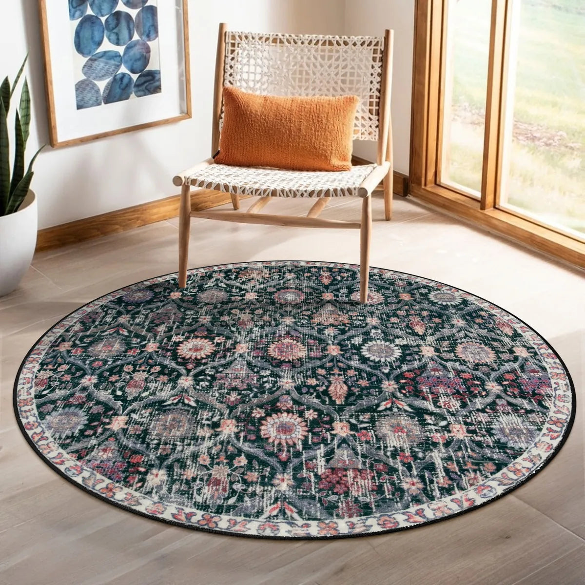 Elise Ultra-thin Transitional Vintage Floral Moroccan Trellis Black Rug