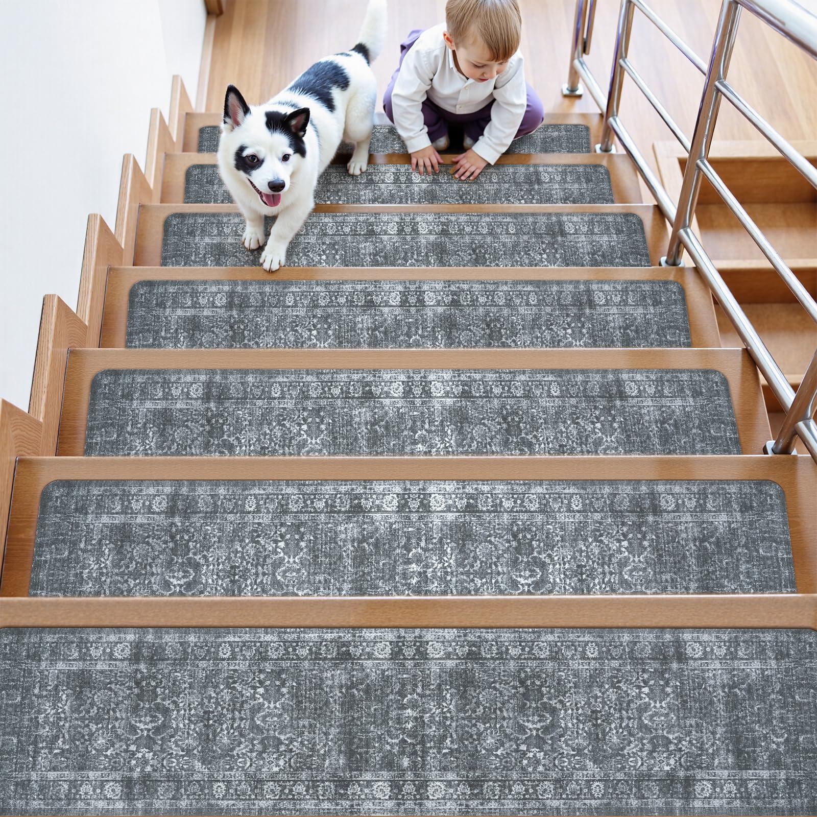 LahomeGlobal Vintage Stair Treads for Wooden Steps Indoor 15PCS 30"x8" Non-Slip Stair Runner Carpet Stair Treads Mats Staircase Step Treads for Kids, Elders and Dogs, Rubber Step Covers, Anti-slip floor mats for use on staircases LahomeGlobal Lahome