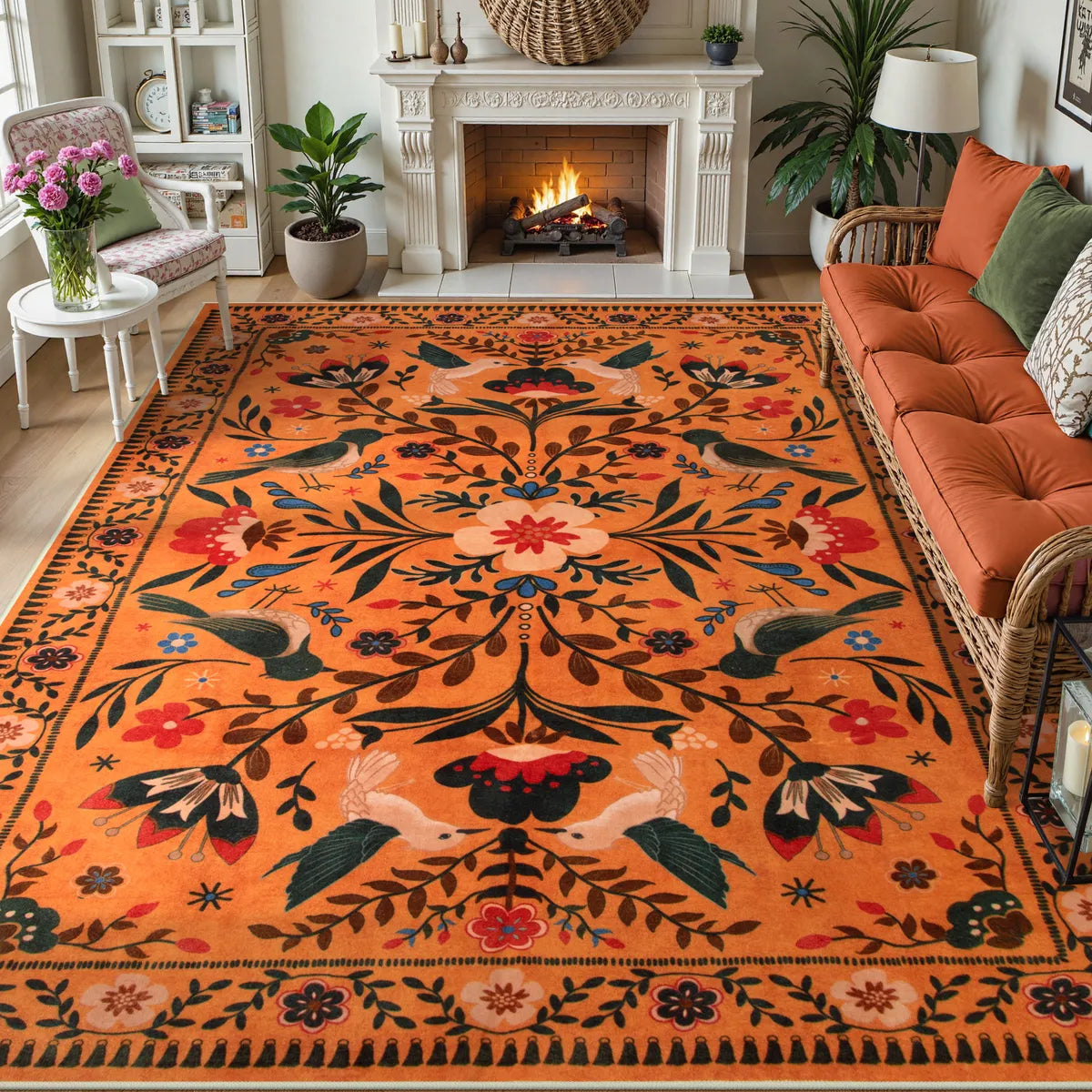Rosalie Washable Boho Birdsong Floral Garden Orange Rug Area Rugs Lahome 9' x 12'