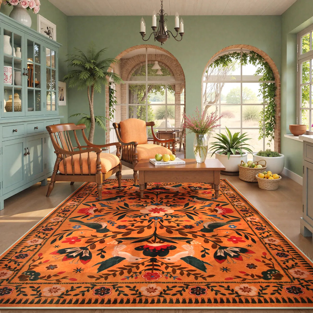 Rosalie Washable Boho Birdsong Floral Garden Orange Rug Area Rugs Lahome