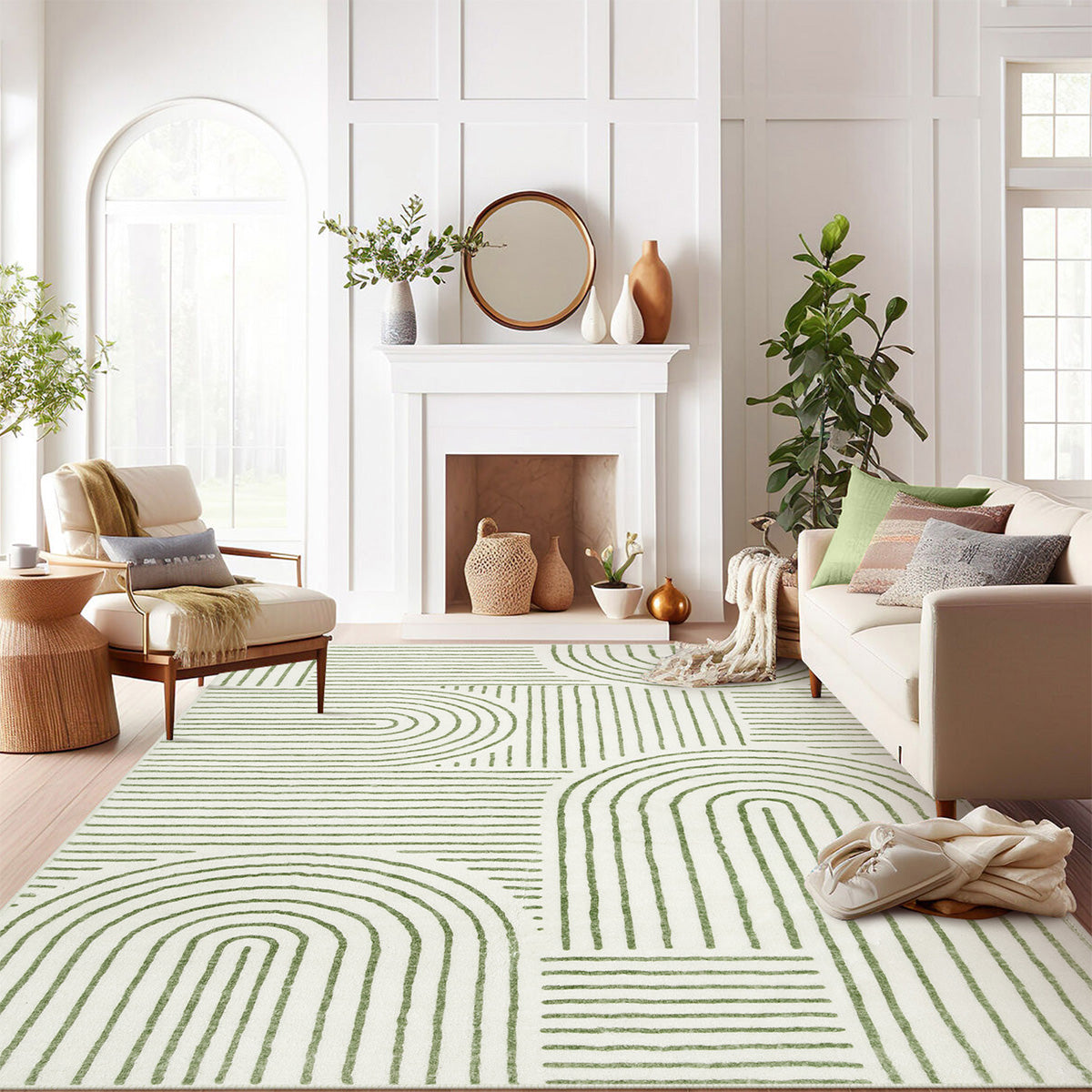 Darrell Washable Abstract Rainbow Stripe Green/White Rug Area Rugs Lahome