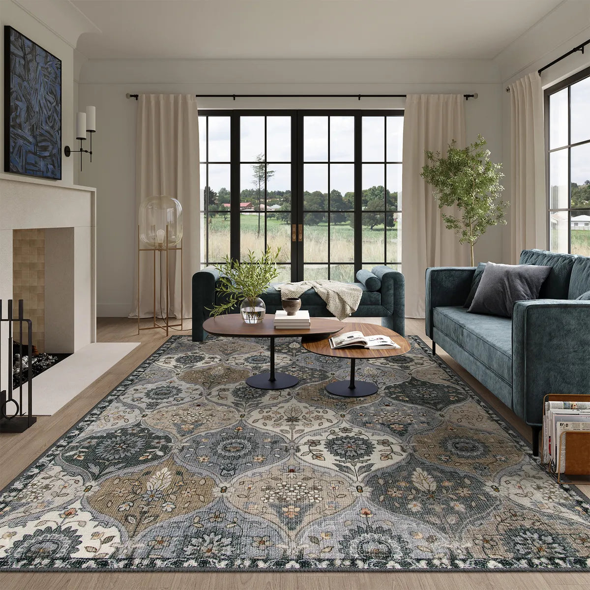 Elise Washable Ultra-thin Vintage Floral Moroccan Trellis Grey Rug Area Rugs Lahome