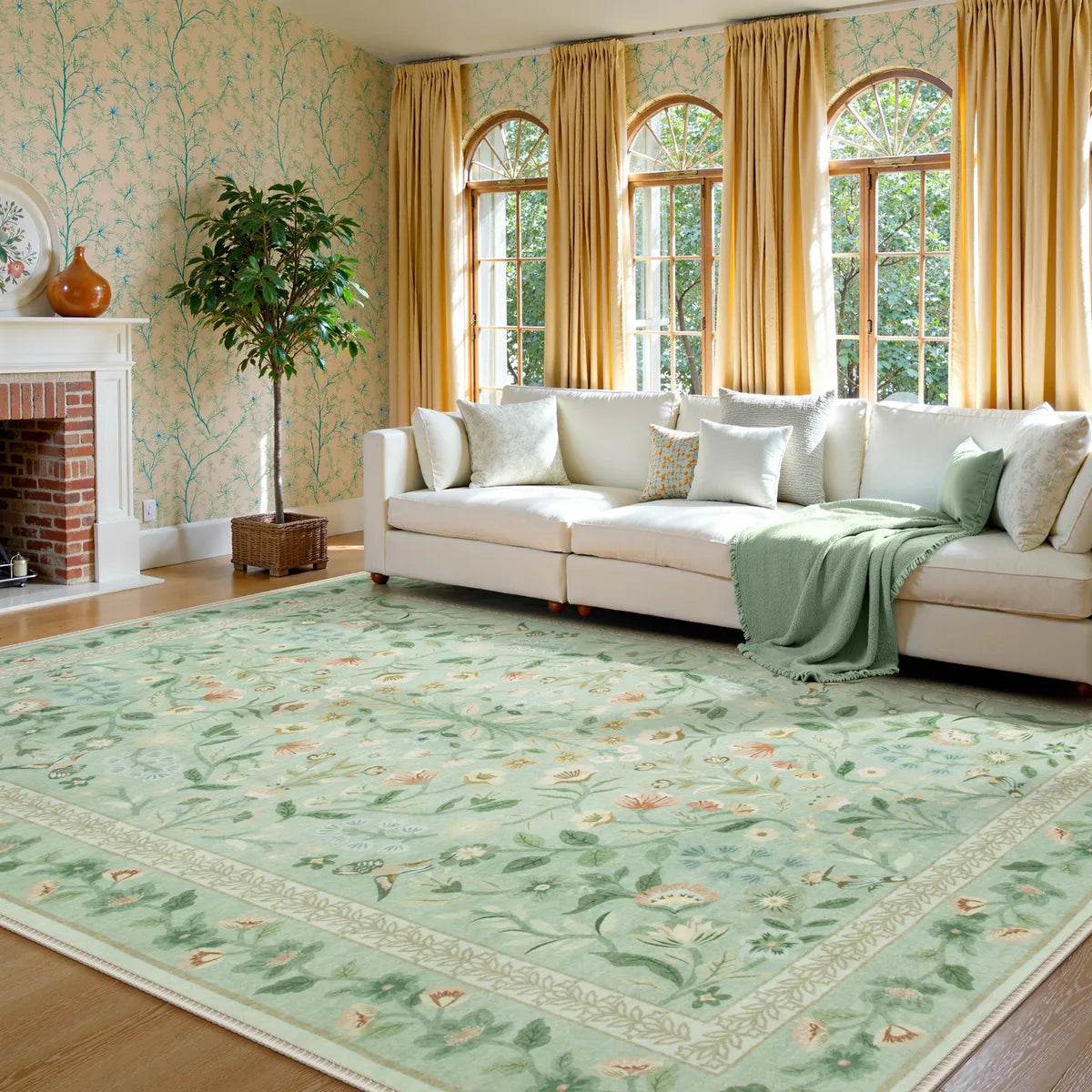Celeste Washable Vintage Floral Light Green Area Rug Area Rugs Lahome
