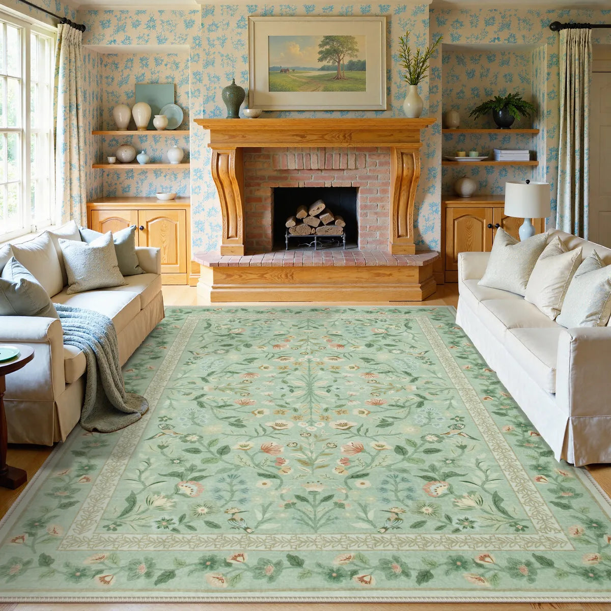 Celeste Washable Vintage Floral Light Green Area Rug Area Rugs Lahome