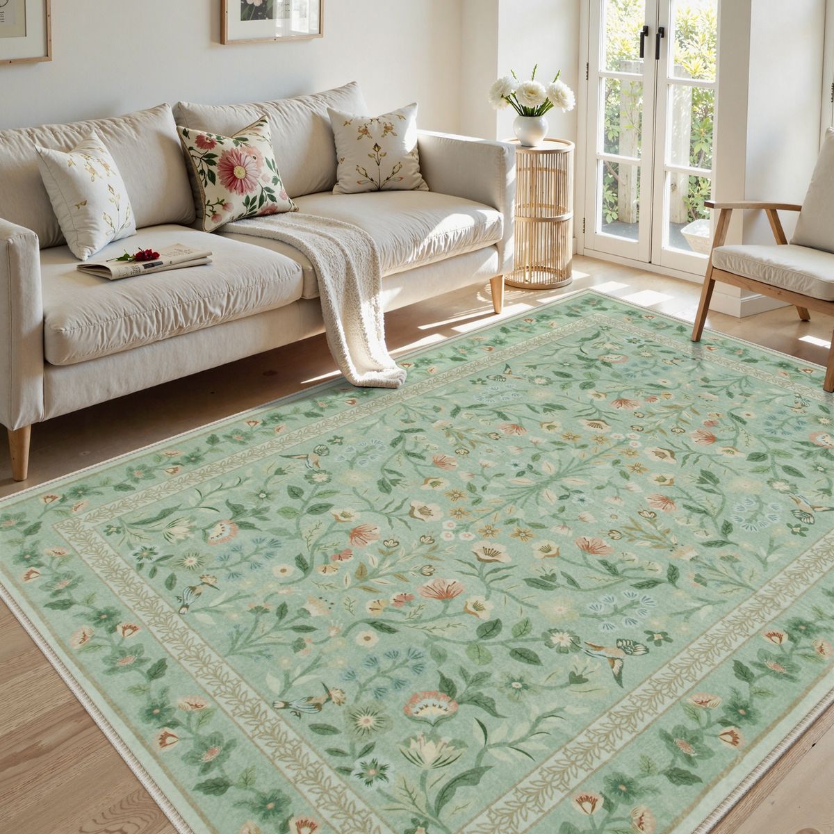 Celeste Washable Vintage Floral Light Green Area Rug Area Rugs Lahome