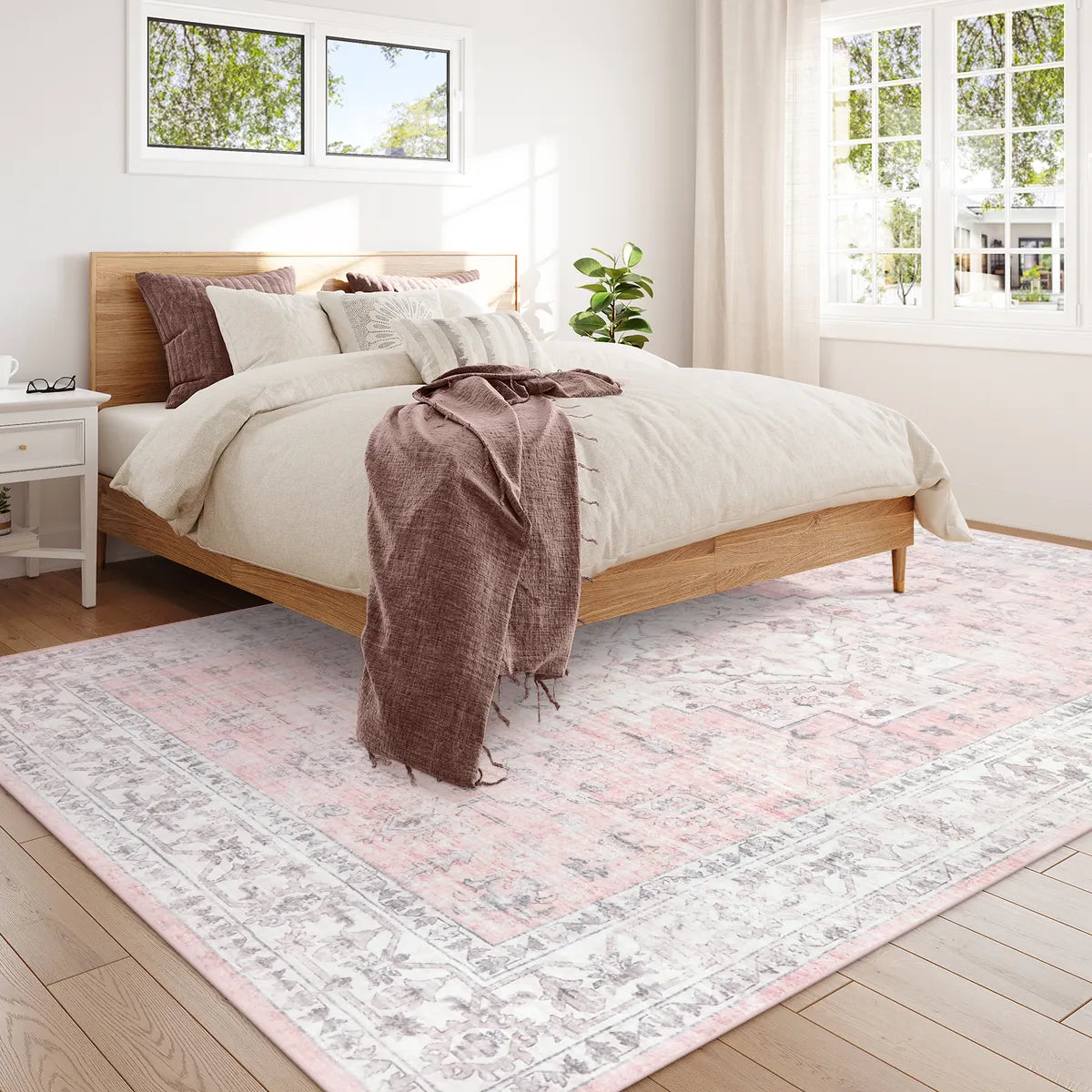 Alene Washable Vintage Medallion Floral Pink Rug Area Rugs Lahome