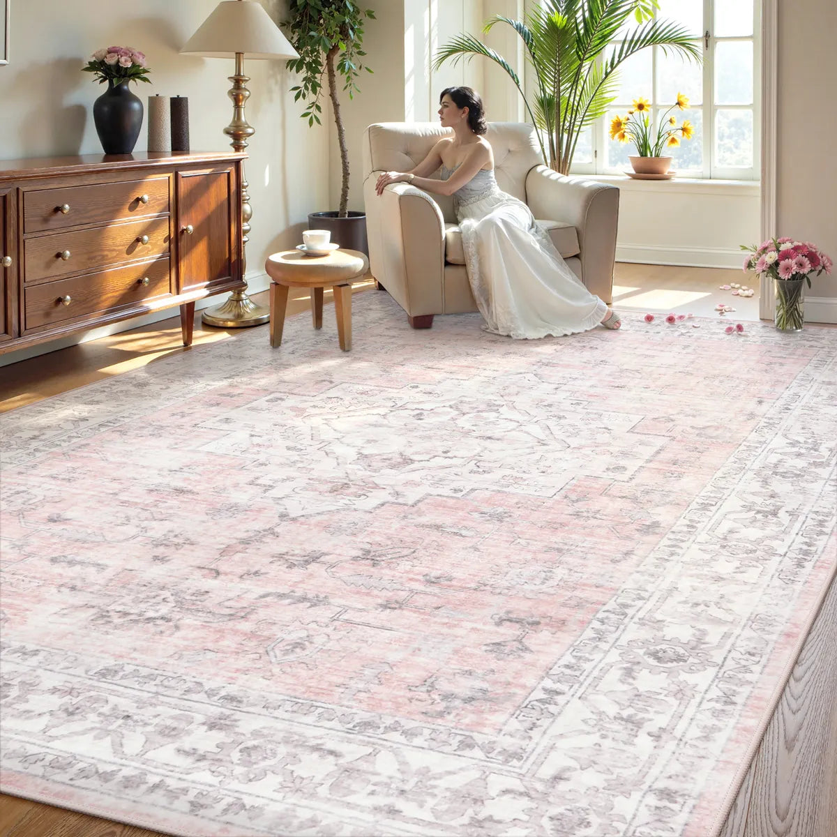 Alene Washable Vintage Medallion Floral Pink Rug Area Rugs Lahome