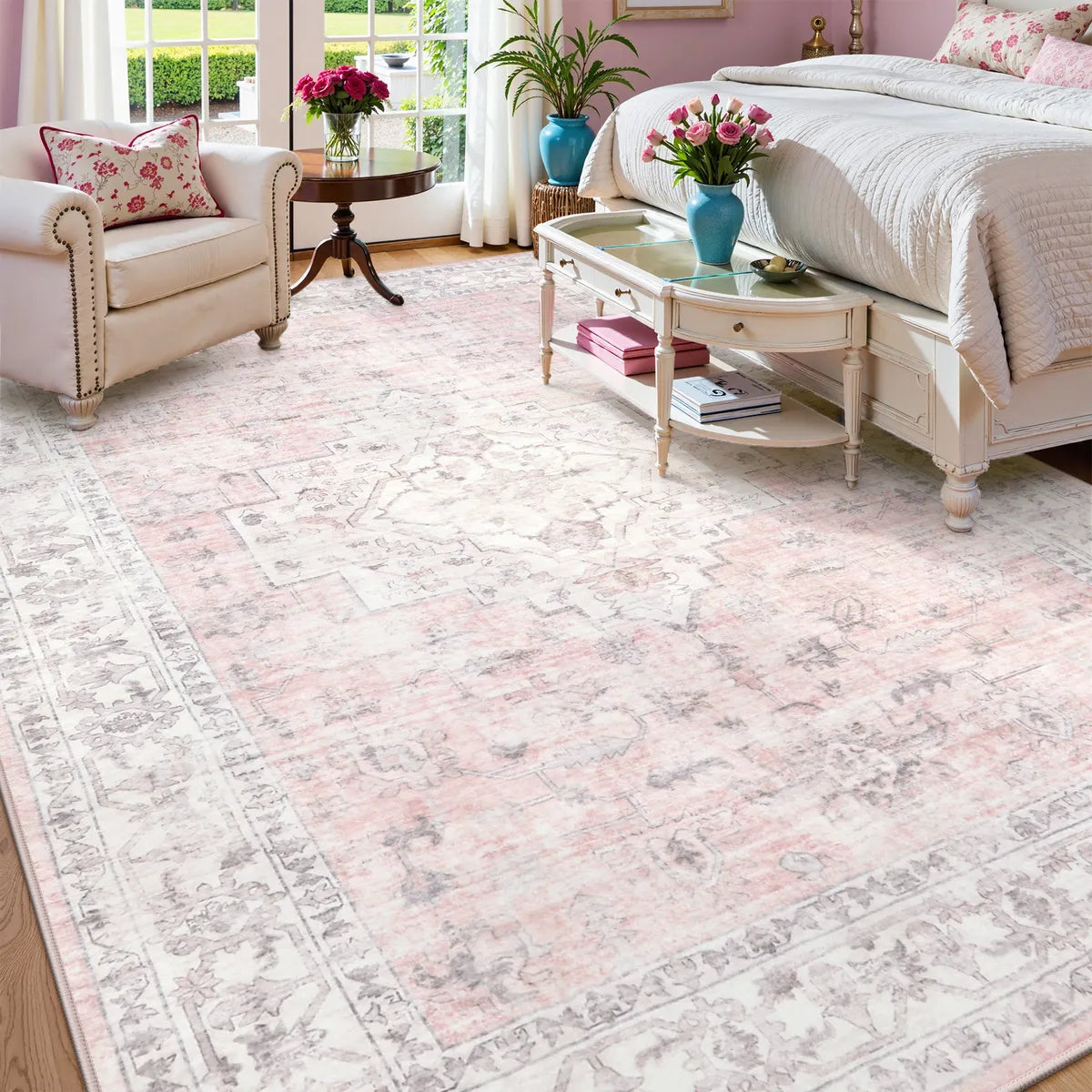 Alene Washable Vintage Medallion Floral Pink Rug Area Rugs Lahome