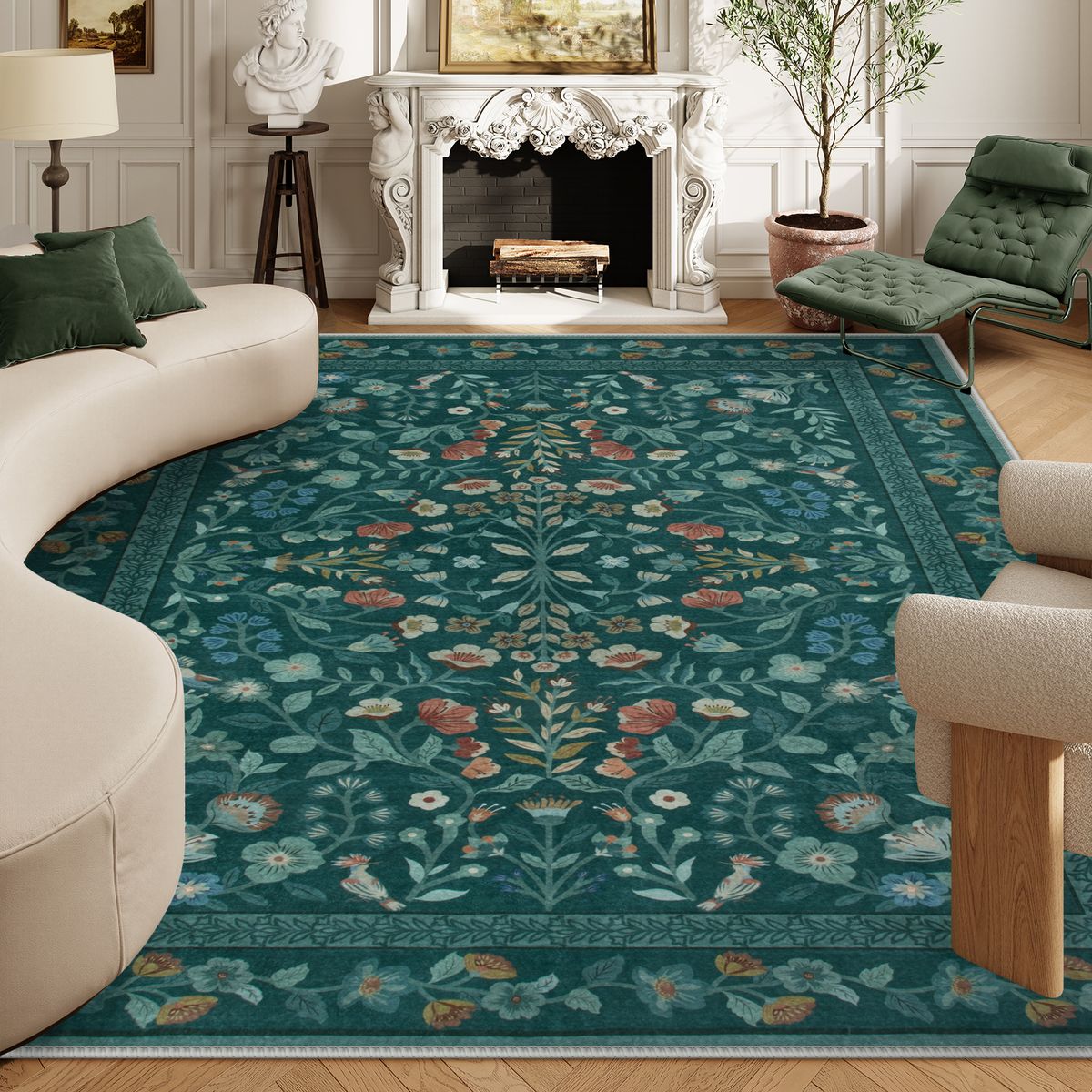 Celeste Washable Vintage Floral Green Area Rug Area Rugs Lahome