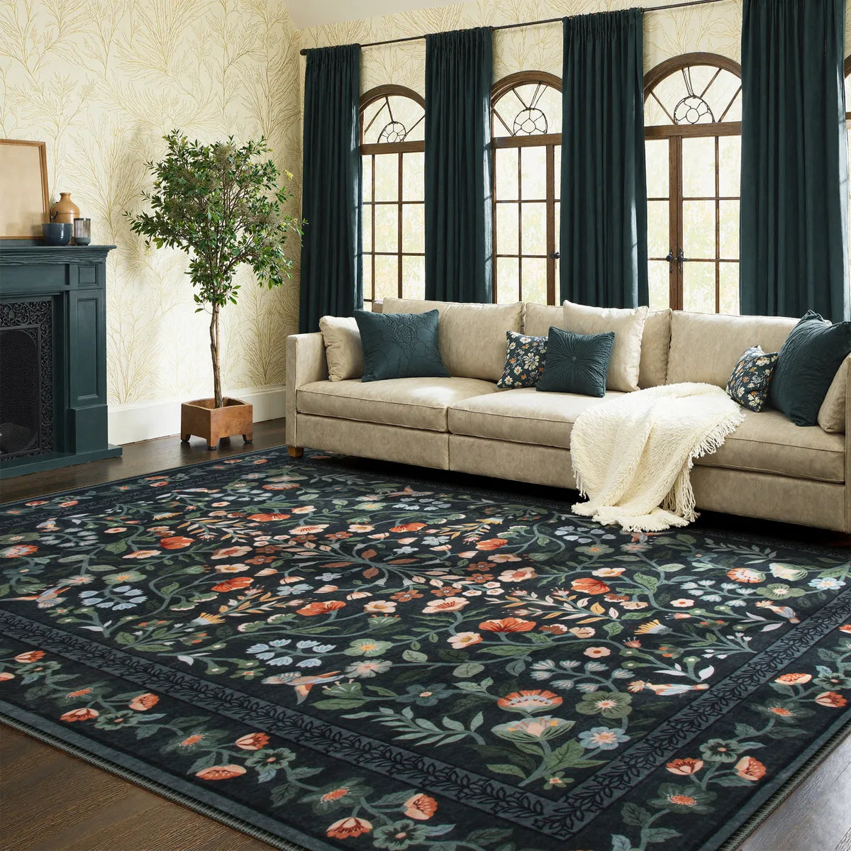 Celeste Washable Vintage Floral Black Area Rug Area Rugs Lahome