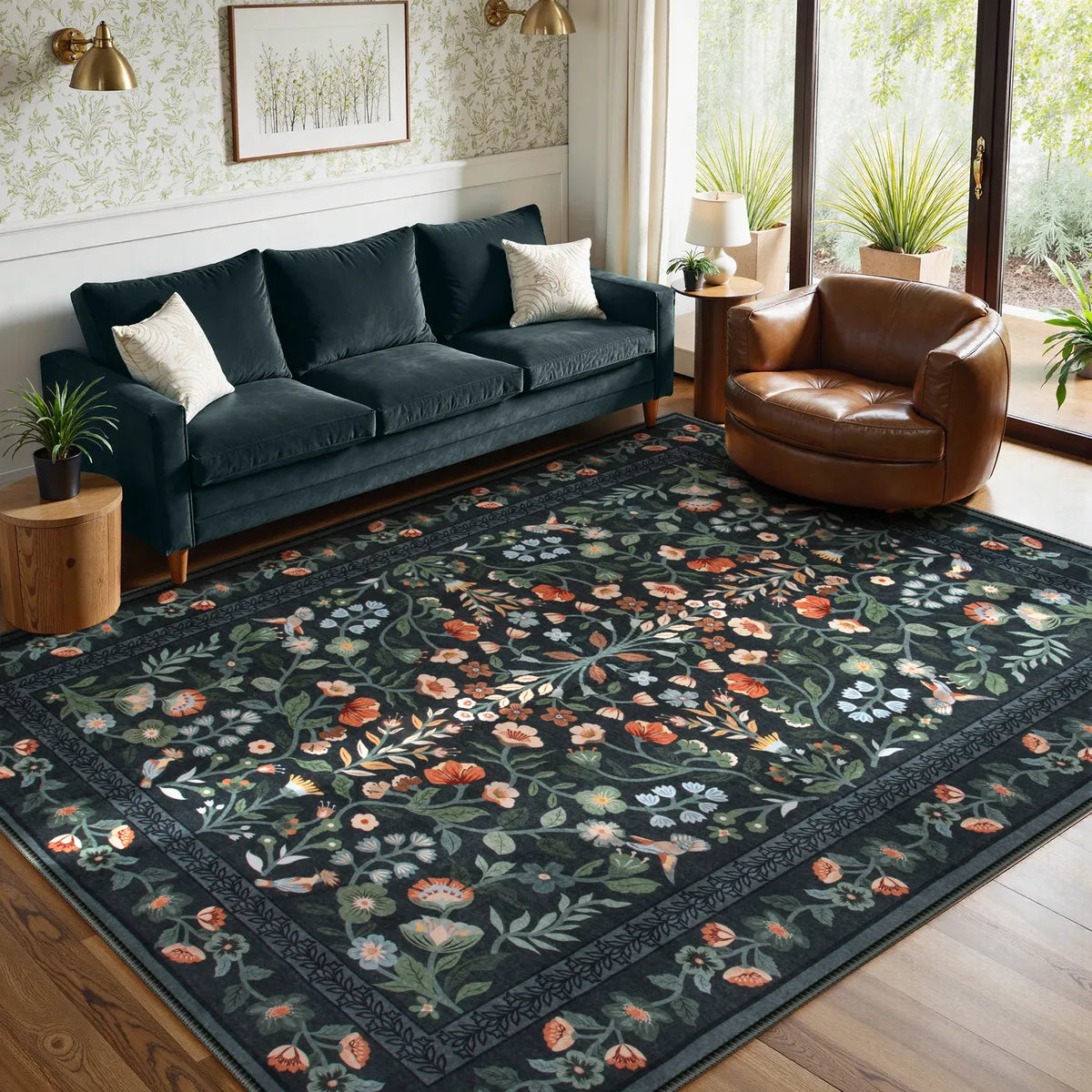 Celeste Washable Vintage Floral Black Area Rug Area Rugs Lahome