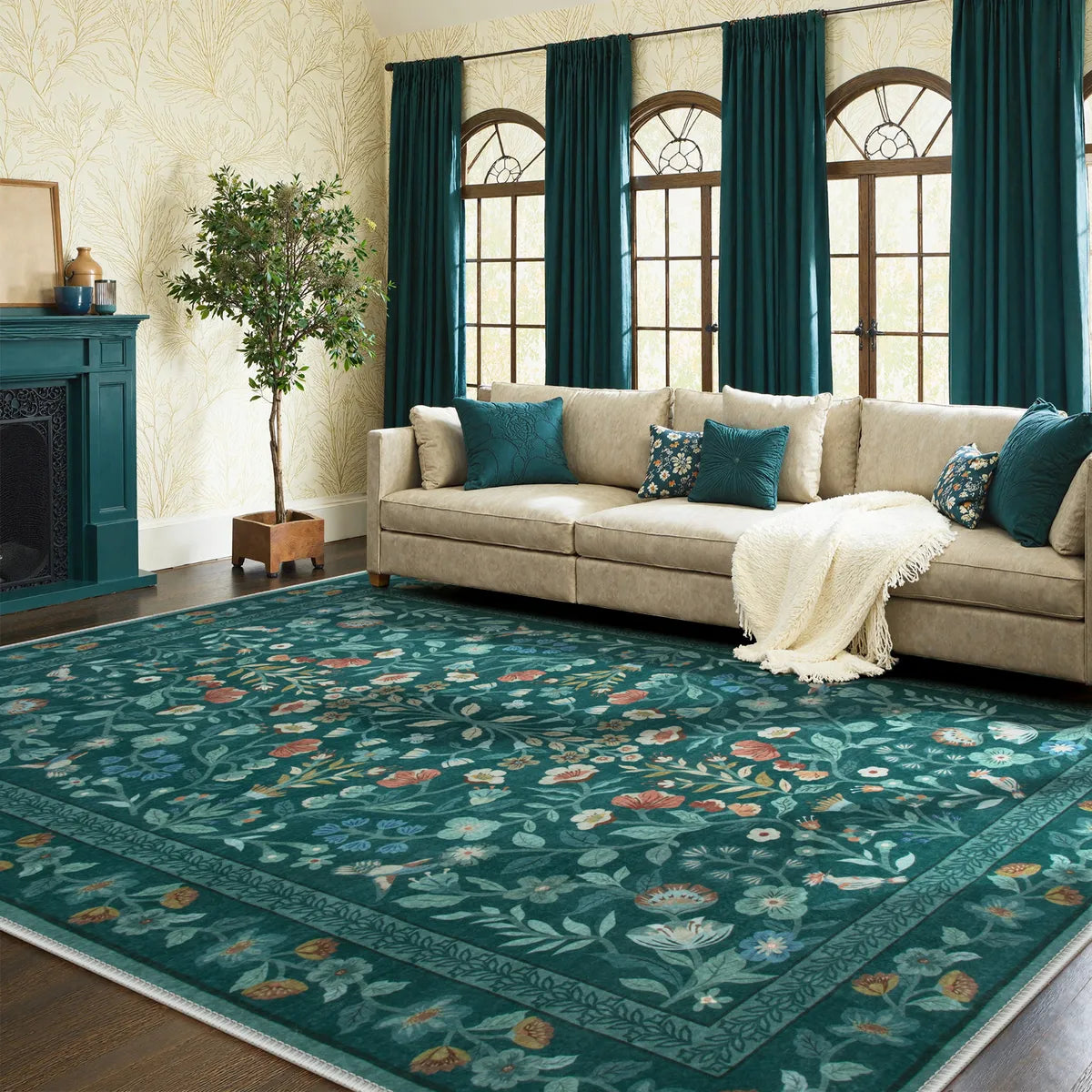 Celeste Washable Vintage Floral Green Area Rug Area Rugs Lahome
