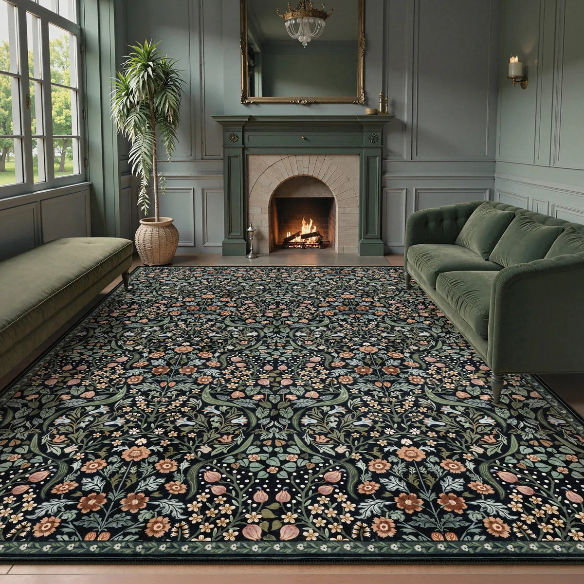 Claude Washable Maximalism Vibrant Blossom Floral Black Rug Area Rugs Lahome 9' x 12'