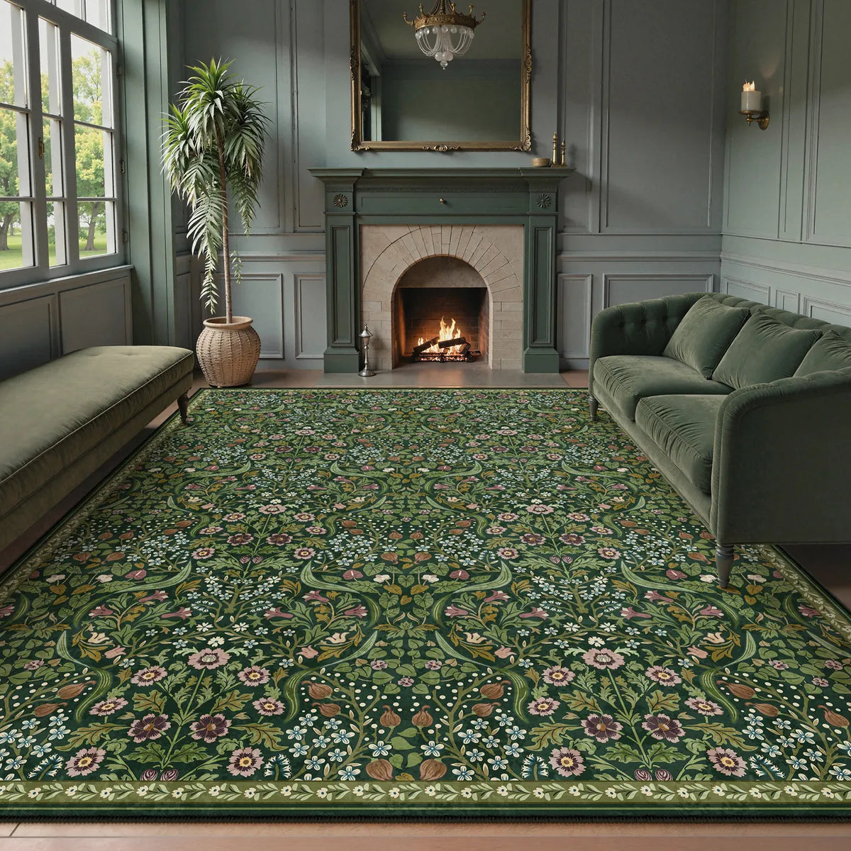 Claude Washable Maximalism Vibrant Blossom Floral Dark Green Rug Area Rugs Lahome 9' x 12'