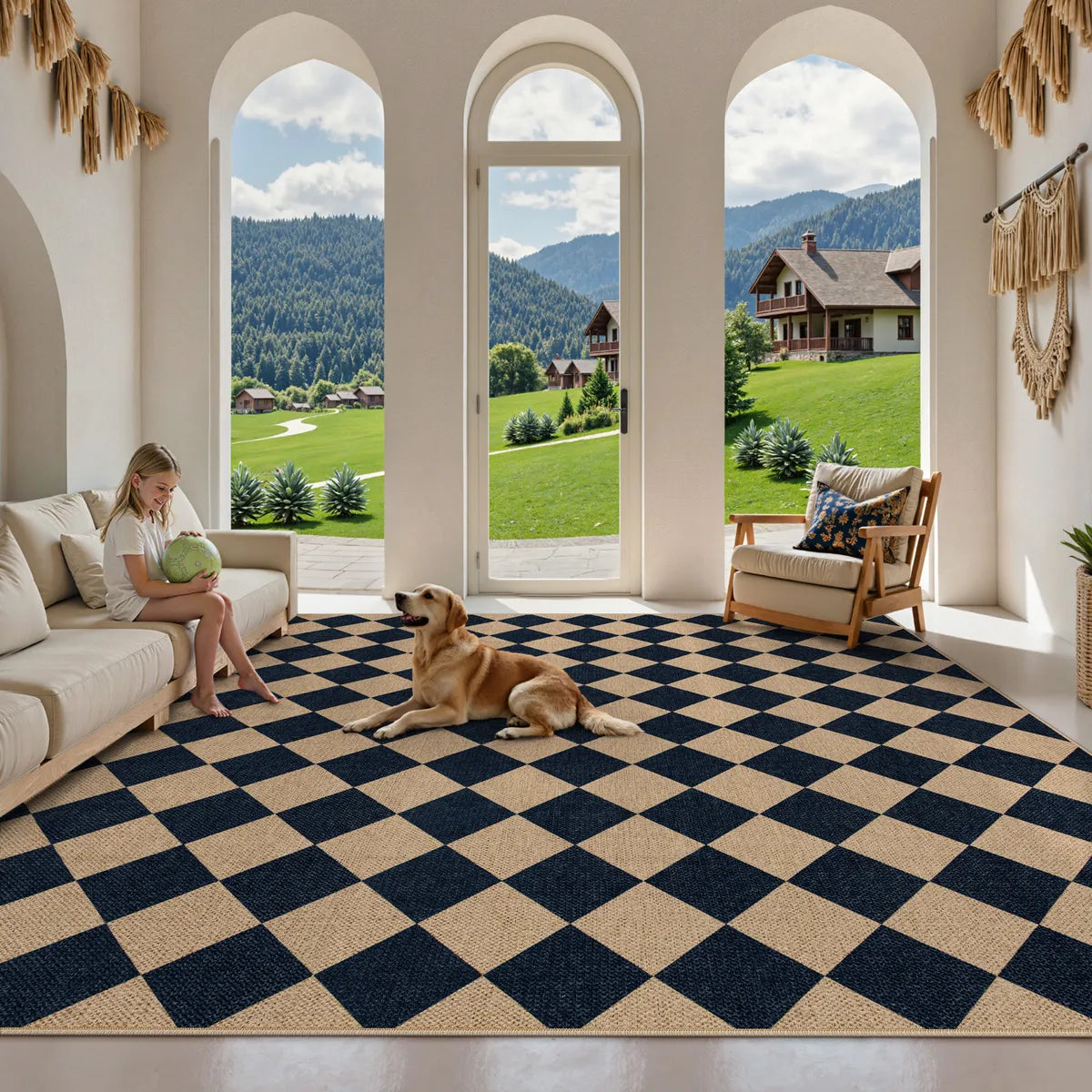 Coline Washable Geometric Checkered Easy Jute Black Indoor/Outdoor Rug Easy Jute Area Rug Lahome